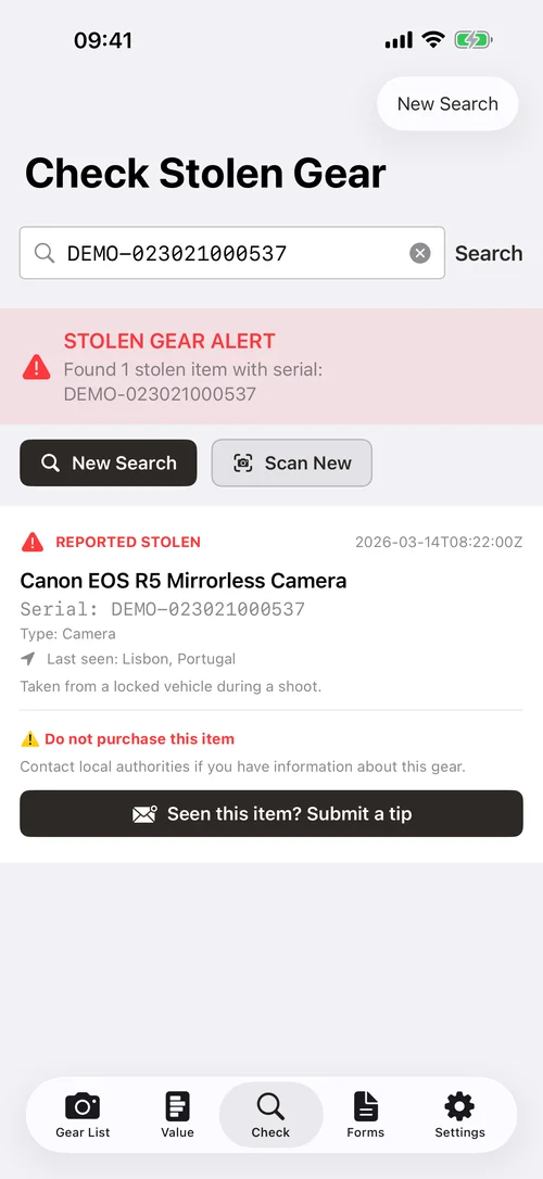 Check Stolen Gear screen showing a stolen gear alert for a Canon EOS R5