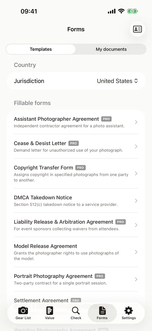Forms screen listing contract templates such as a Model Release and a DMCA takedown notice