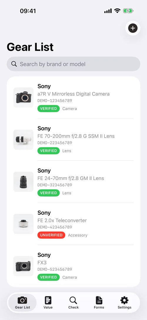 Gear List screen: Sony cameras and lenses, each marked Verified or Unverified