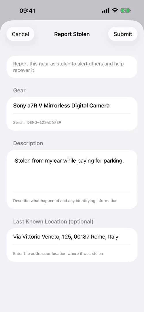 Report Stolen form for a Sony a7R V with a description and last known location