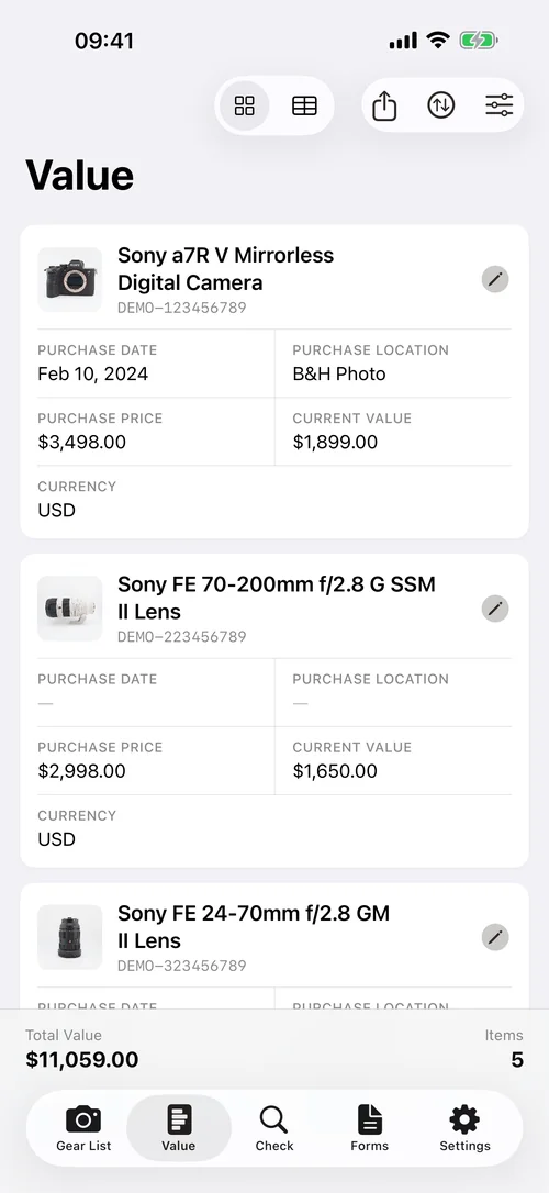 Value screen: purchase price and current value for each item, with the kit total